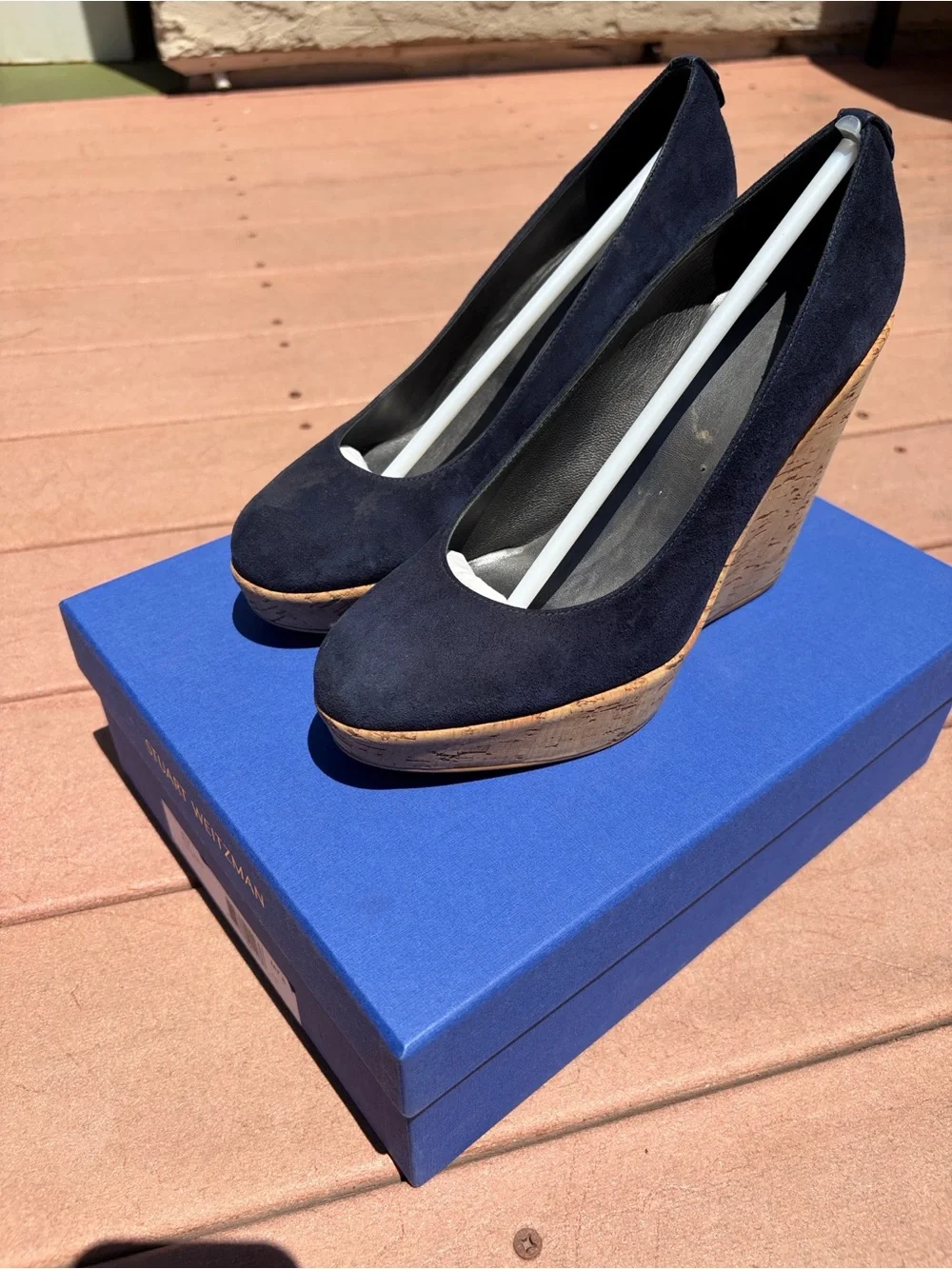 Stuart Weitzman Navy Suede Cork Wedge Pumps - Picture 6 of 8
